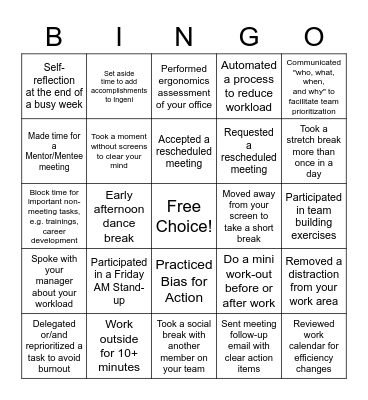 Work Life Harmony Bingo Card