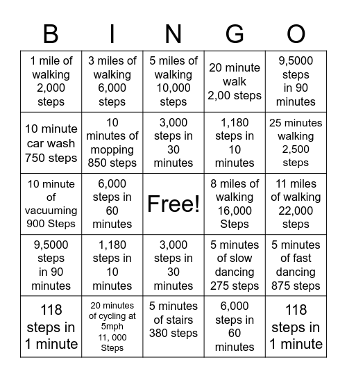 SVA Step Challenge Bingo Card