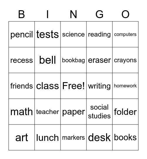 Back to School Bingo Card