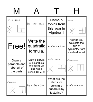 Solving Quadratics by Factoring Bingo Card