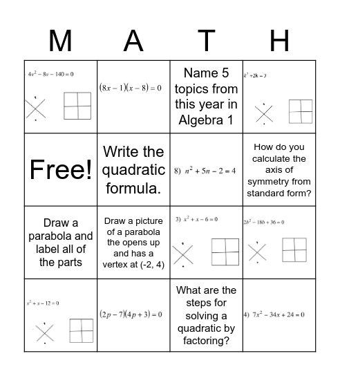 Solving Quadratics by Factoring Bingo Card