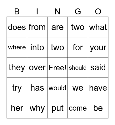 Sight Word Bingo Card
