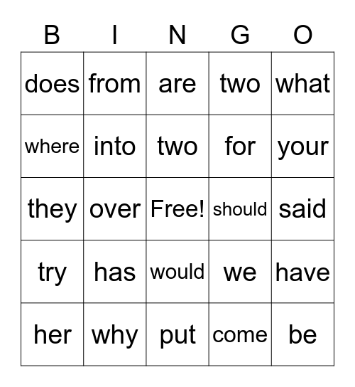 Sight Word Bingo Card