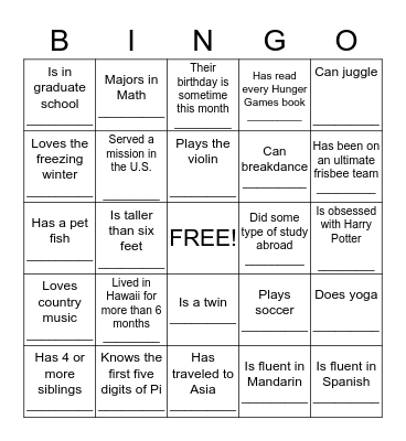 GET TO KNOW YA BINGO Card