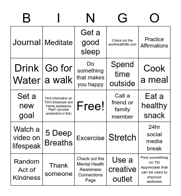 Wellness Month Bingo Card