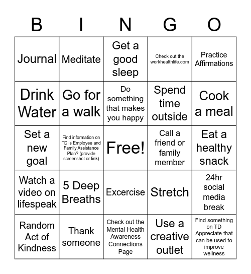 Wellness Month Bingo Card
