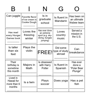 Get to know you BINGO Card
