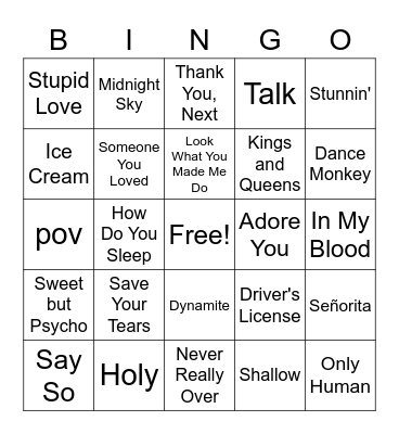 Pop Songs Bingo Card