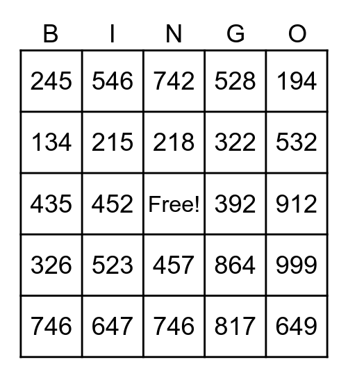 Mental Math Bingo Card