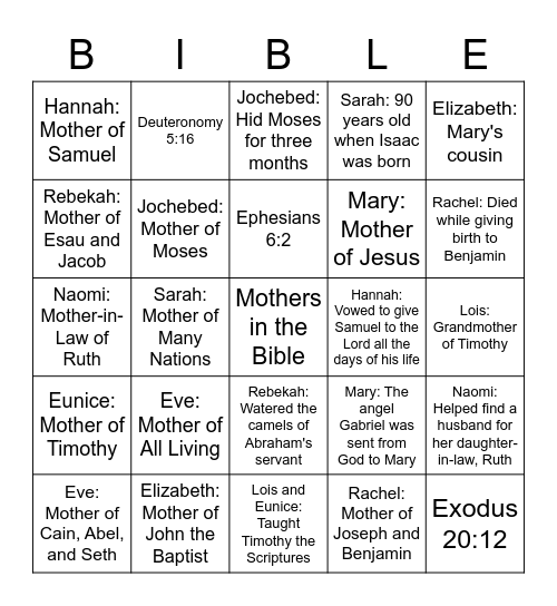 Mothers in the Bible Bingo Card