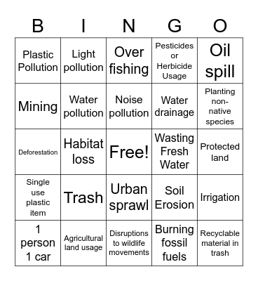 Human Impact on Earth Observation Bingo Card