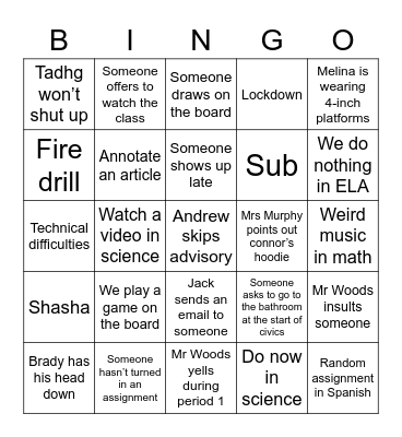 Classroom 67 bingo Card