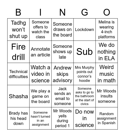 Classroom 67 bingo Card