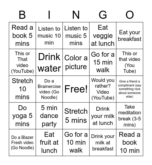 Student Wellness Bingo Card