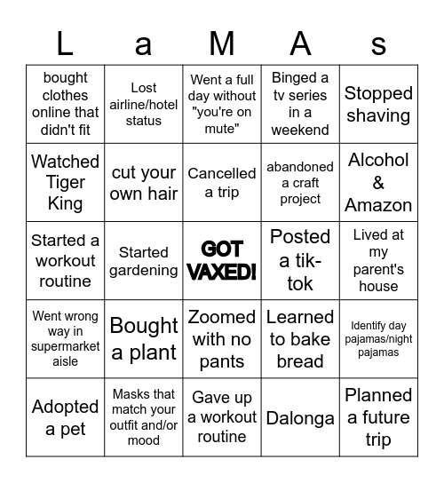 Pandemic LaMAs Bingo Card