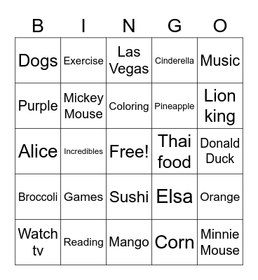 Rosa’s Favorites Bingo Card
