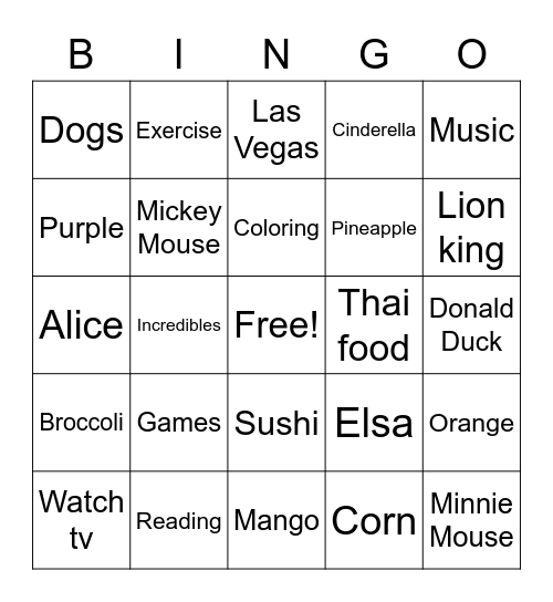 Rosa’s Favorites Bingo Card
