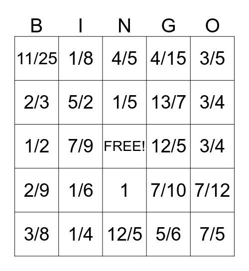 Fraction Bingo Card