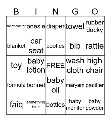 Maryam's Baby Shower  Bingo Card