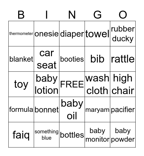 Maryam's Baby Shower  Bingo Card