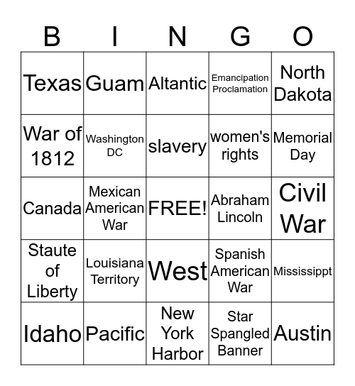 Geography/1800's Bingo Card