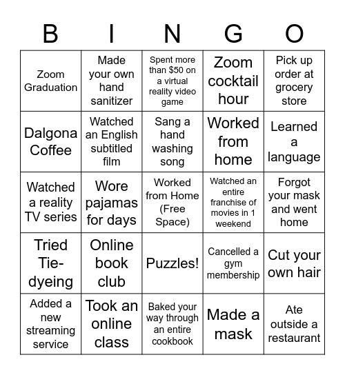 Pandemic Bingo Card