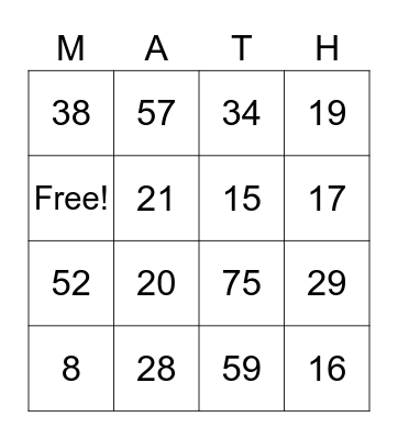 Addition Practice Bingo Card