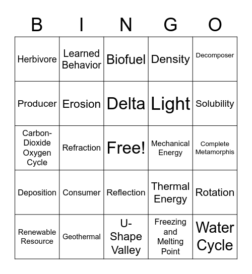 Science Review Bingo Card