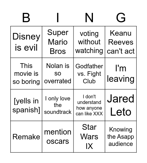 Movie Debate Trolling Board Bingo Card