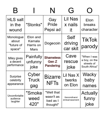 Elon Musk SNL Bingo (please kill me) Bingo Card