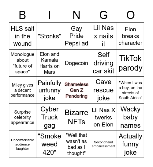 Elon Musk SNL Bingo (please kill me) Bingo Card