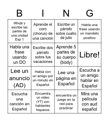 Bingo de verano Bingo Card