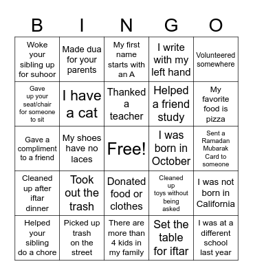 Ramadan: Acts of Kindness Bingo Card