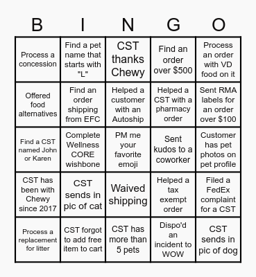 Chewy Bingo Card
