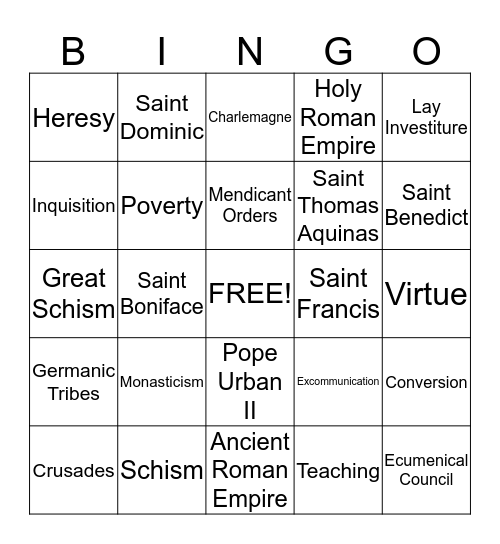 The Church as a Light in the Middle Ages Ch. 14 Bingo Card
