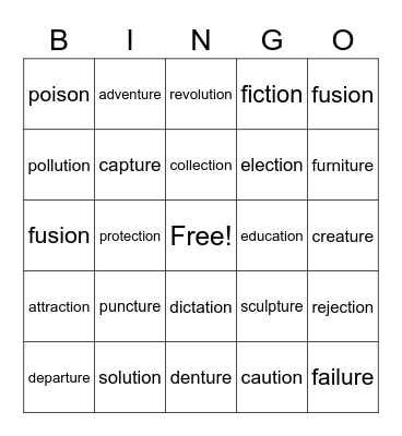 Suffix -ture and -tion Bingo Card