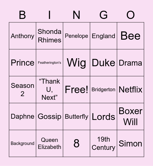 Mercedez Bridgerton Style Bingo Card