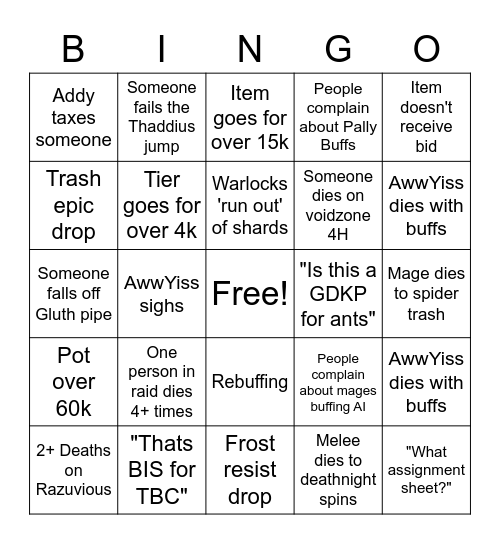 Friday Naxx Danger Zone Bingo Card