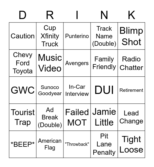 NASCAR Bingo Card