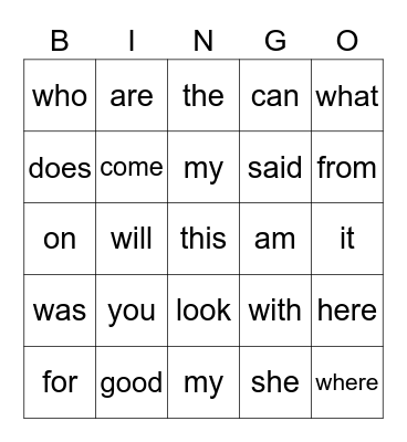 Sight Words Bingo Card