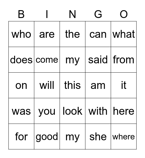 Sight Words Bingo Card