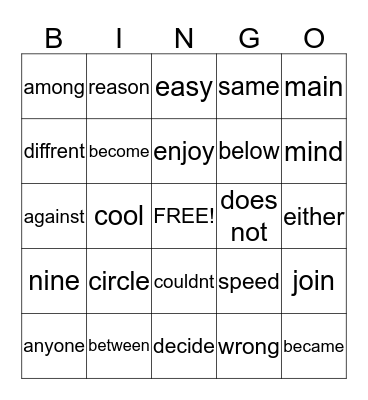 sight word bingo Card