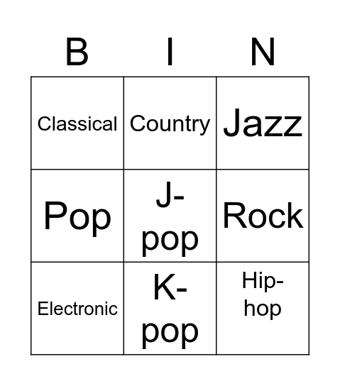 Music genres Bingo Card