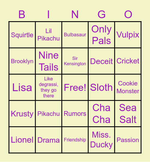 Paka Pals Bingo Card