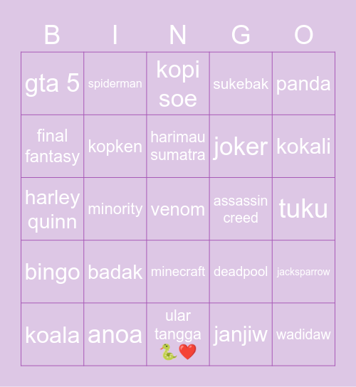 Jane’s Bingo Card