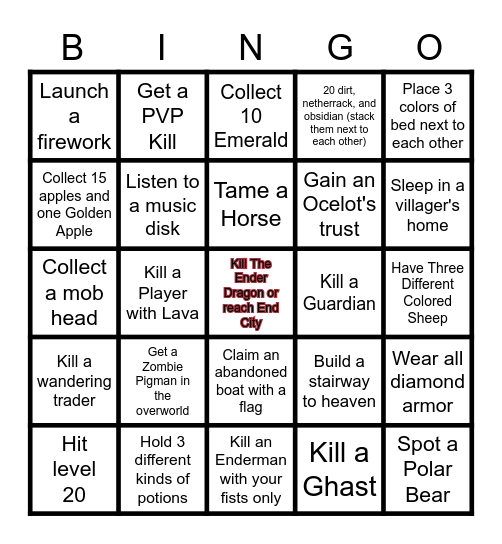 Minecraft Bingo (EASY) Bingo Card