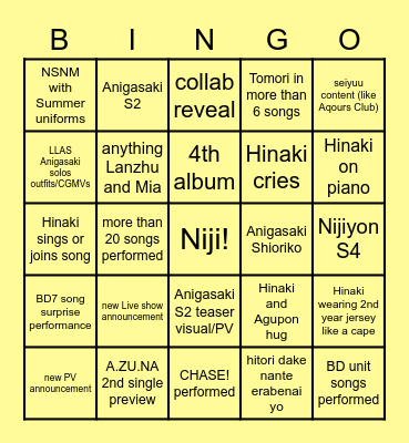 Nijigaku 3rd Live Bingo Card