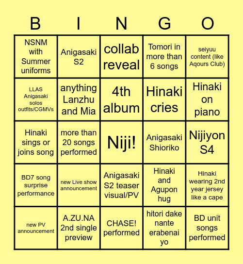 Nijigaku 3rd Live Bingo Card