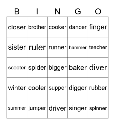 Funny Phonics 5 Unit 2 er Bingo Card
