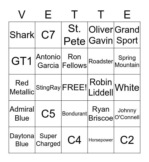 Corvettes of San Diego Bingo Card